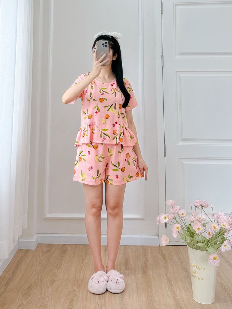 Đồ bộ đùi nhún bèo linen có tay hồng cam