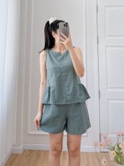 Đồ bộ đùi cổ lệch tà linen xanh