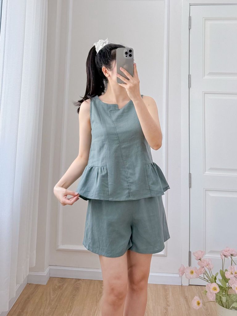 Đồ bộ đùi cổ lệch tà linen xanh