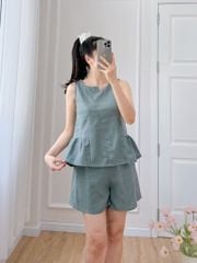 Đồ bộ đùi cổ lệch tà linen xanh