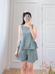 Đồ bộ đùi cổ lệch tà linen xanh