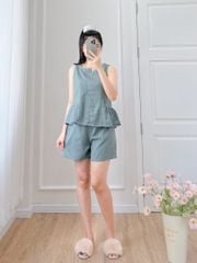 Đồ bộ đùi cổ lệch tà linen xanh