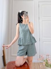 Đồ bộ đùi cổ lệch tà linen xanh