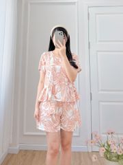 Đồ bộ đùi nhún bèo linen có tay hoạ tiết lá nâu