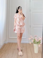 Đồ bộ đùi nhún bèo linen có tay hoạ tiết lá nâu