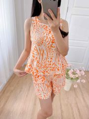 Đồ bộ đùi cổ lệch tà linen vằn cam