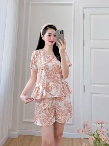 Đồ bộ đùi nhún bèo linen có tay hoạ tiết lá nâu