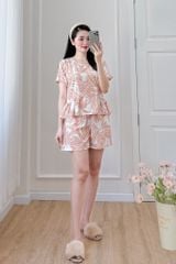 Đồ bộ đùi nhún bèo linen có tay hoạ tiết lá nâu