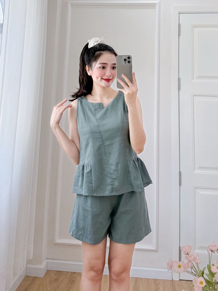 Đồ bộ đùi cổ lệch tà linen xanh