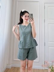 Đồ bộ đùi cổ lệch tà linen xanh