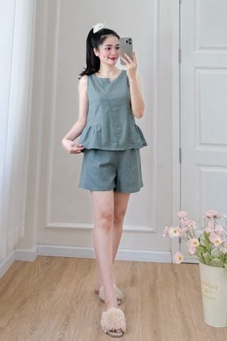 Đồ bộ đùi cổ lệch tà linen xanh