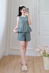 Đồ bộ đùi cổ lệch tà linen xanh
