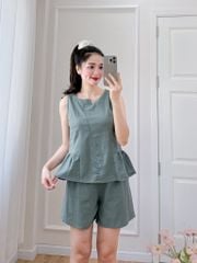 Đồ bộ đùi cổ lệch tà linen xanh