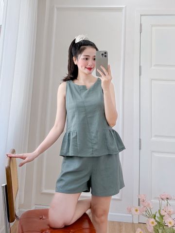 Đồ bộ đùi cổ lệch tà linen xanh