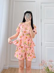 Đồ bộ đùi nhún bèo linen có tay hồng cam