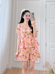 Đồ bộ đùi nhún bèo linen có tay hồng cam