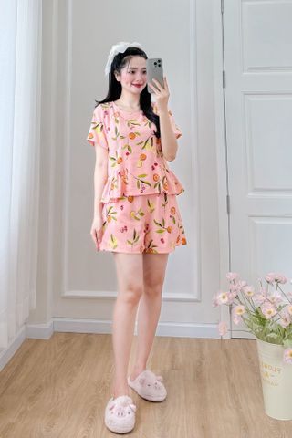 Đồ bộ đùi nhún bèo linen có tay hồng cam