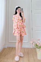 Đồ bộ đùi nhún bèo linen có tay hồng cam