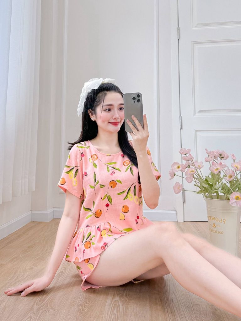 Đồ bộ đùi nhún bèo linen có tay hồng cam