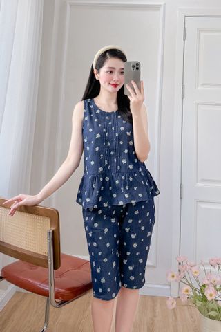 Đồ bộ lửng không tay xếp ly hoa cúc nhí