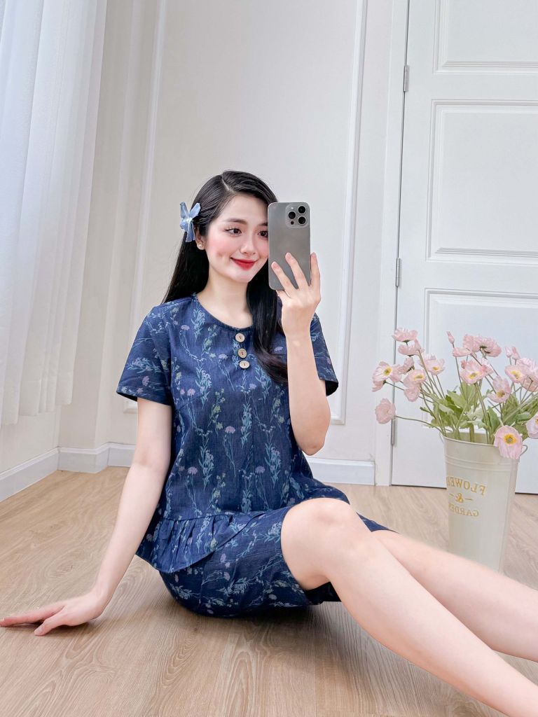 Đồ bộ lửng thiết kế nhún bèo có tay hoa cẩm chướng