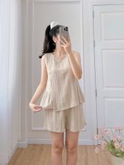 Đồ bộ đùi không tay vạt xéo linen sọc kem