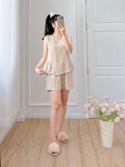 Đồ bộ đùi không tay vạt xéo linen sọc kem