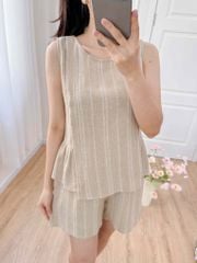 Đồ bộ đùi không tay vạt xéo linen sọc kem