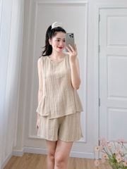 Đồ bộ đùi không tay vạt xéo linen sọc kem