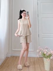 Đồ bộ đùi không tay vạt xéo linen sọc kem