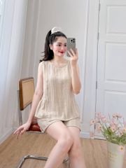 Đồ bộ đùi không tay vạt xéo linen sọc kem