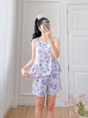 Đồ bộ đùi cổ lệch tà linen hoa Peony