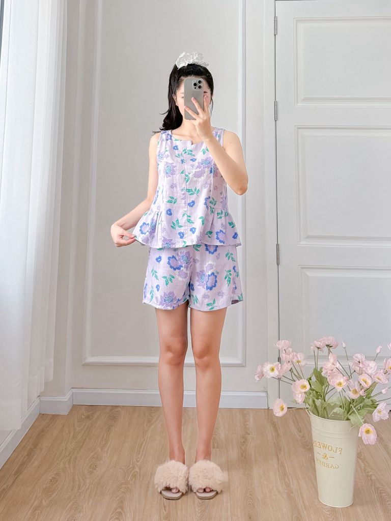 Đồ bộ đùi cổ lệch tà linen hoa Peony
