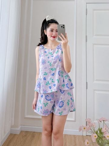 Đồ bộ đùi cổ lệch tà linen hoa Peony