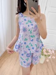 Đồ bộ đùi cổ lệch tà linen hoa Peony