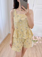 Đồ bộ đùi sọc caro họa tiết hoa bèo không tay_SA