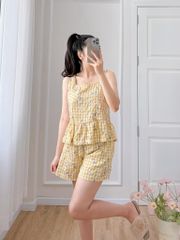 Đồ bộ đùi sọc caro họa tiết hoa bèo không tay_SA