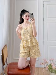 Đồ bộ đùi sọc caro họa tiết hoa bèo không tay_SA