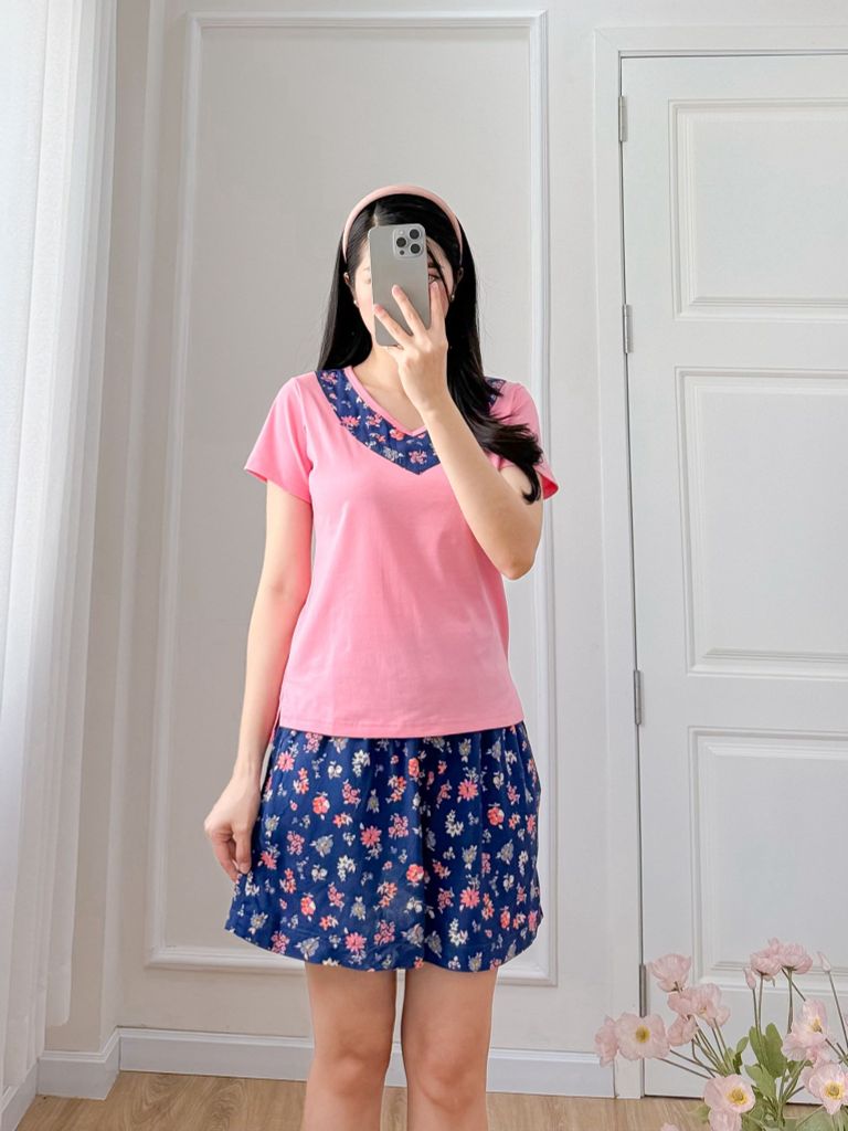 Đồ bộ đùi áo thun có viền cổ quần hoa mùa xuân