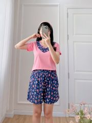 Đồ bộ đùi áo thun có viền cổ quần hoa mùa xuân