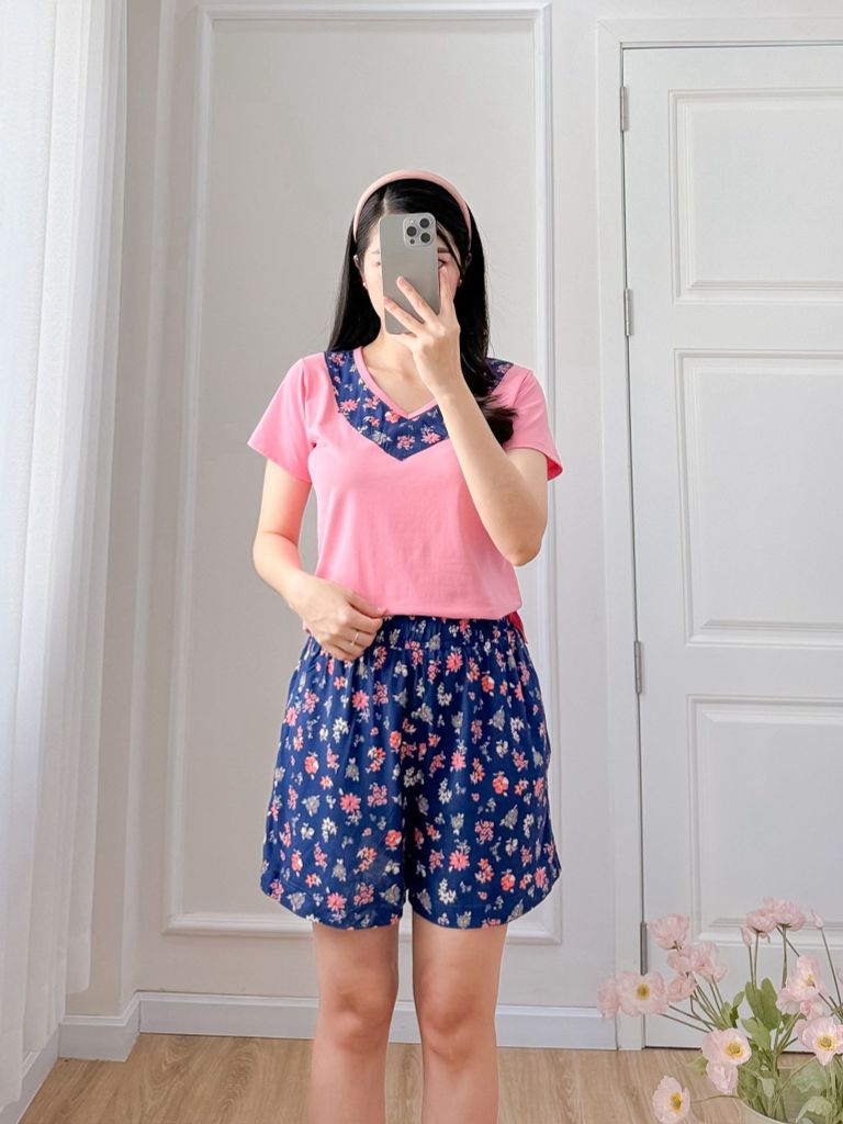 Đồ bộ đùi áo thun có viền cổ quần hoa mùa xuân