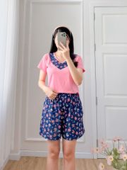 Đồ bộ đùi áo thun có viền cổ quần hoa mùa xuân