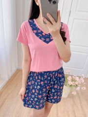 Đồ bộ đùi áo thun có viền cổ quần hoa mùa xuân