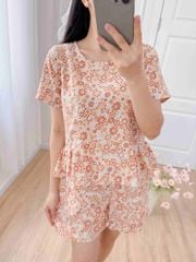 Đồ bộ đùi nhún bèo linen có tay hoa nâu