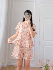 Đồ bộ đùi nhún bèo linen có tay hoa nâu