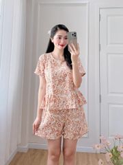 Đồ bộ đùi nhún bèo linen có tay hoa nâu