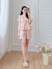 Đồ bộ đùi nhún bèo linen có tay hoa nâu