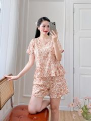 Đồ bộ đùi nhún bèo linen có tay hoa nâu