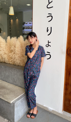 Đồ bộ dài có tay thiết kế cổ V nút dọc hoa sam