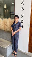 Đồ bộ dài có tay thiết kế cổ V nút dọc hoa sam